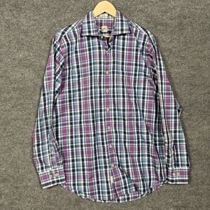 Peter Millar Mens Sz Large Shirt Purple Blue Plaid Cotton Button Up Long Sleeves